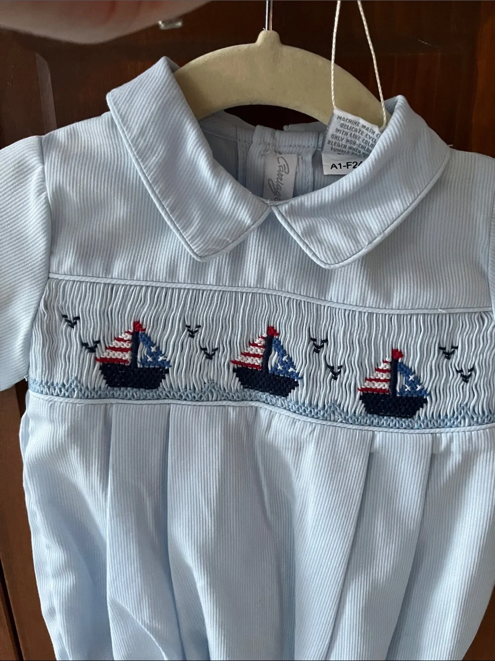 Carriage Boutique Light Blue Smocked Collar Dress with Nautical Embroidery